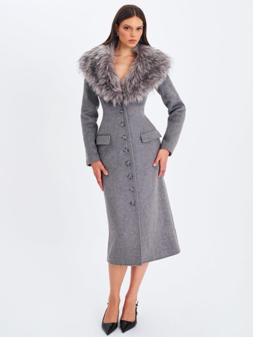 Grey Wool-Blend Long Coat with Faux Fur Collar